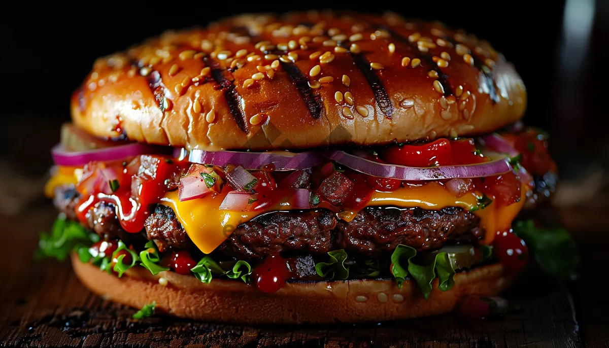 Picture of Delicious gourmet beef sandwich on grilled pretzel bun