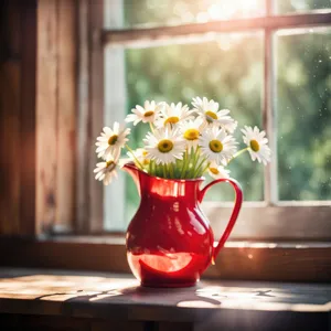 Teapot and Cup on Windowsill with Flowers