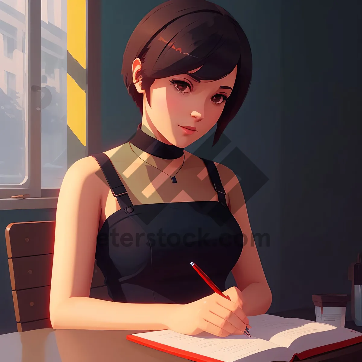 Picture of Smiling brunette businesswoman working on laptop