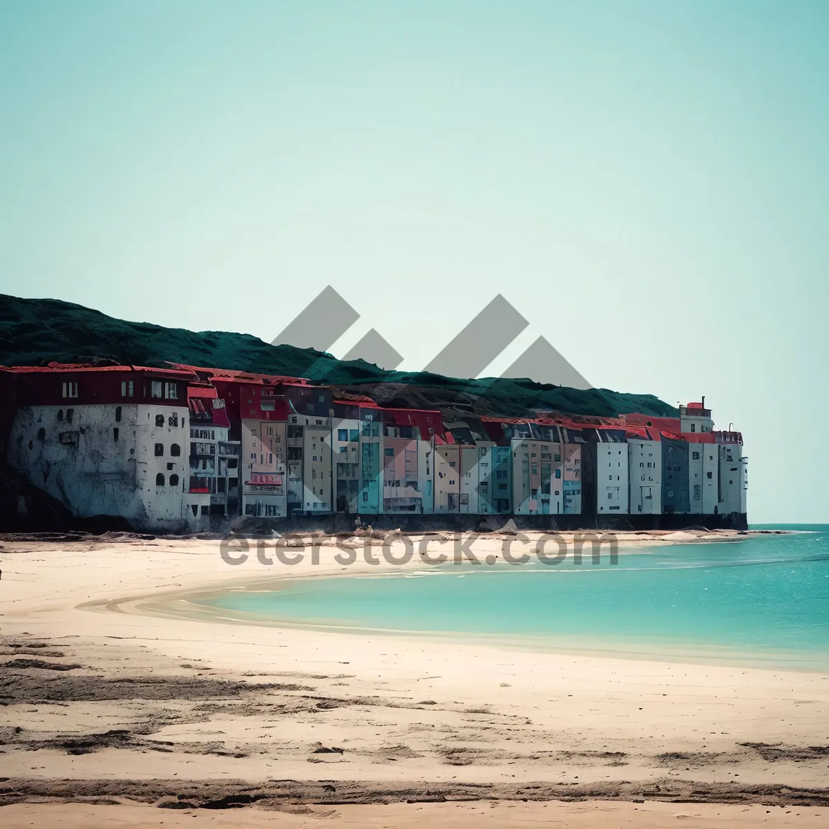 Picture of Tropical island beach vacation landscape with sunny skies.