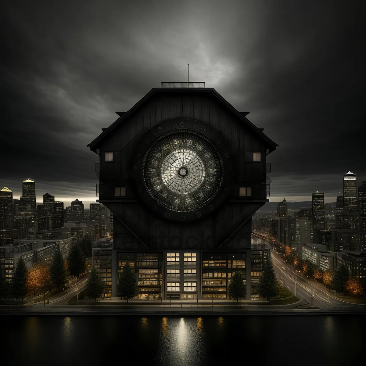 Picture of Nighttime Cityscape with Clock Tower and River