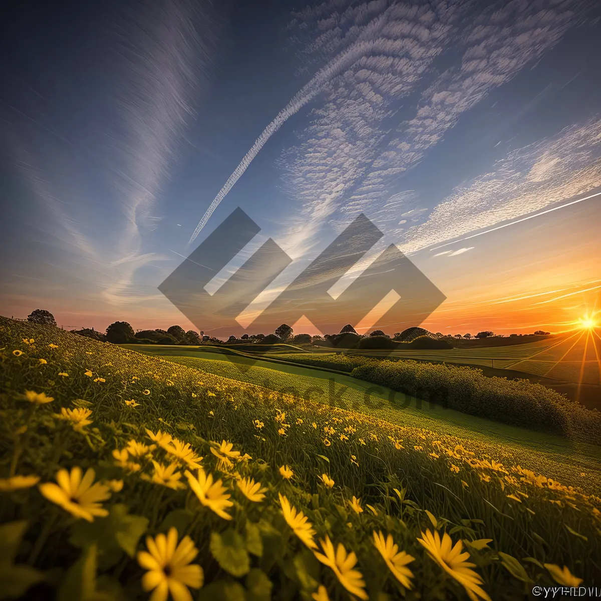 Picture of Golden Summer Field Underneath Dreamy Sunset Sky