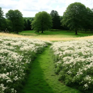 Park landscape with tea tree and rural countryside