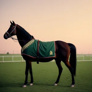 Graceful thoroughbred horse galloping through green meadow