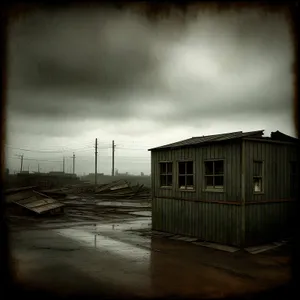 Wheeled seaside outbuilding under sunset sky