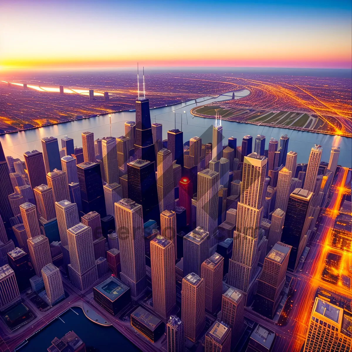 Picture of Modern city skyline at sunset with towering skyscrapers.
