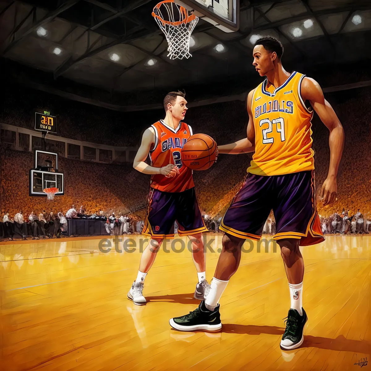 Picture of Active Men Competing in Intense Basketball Match