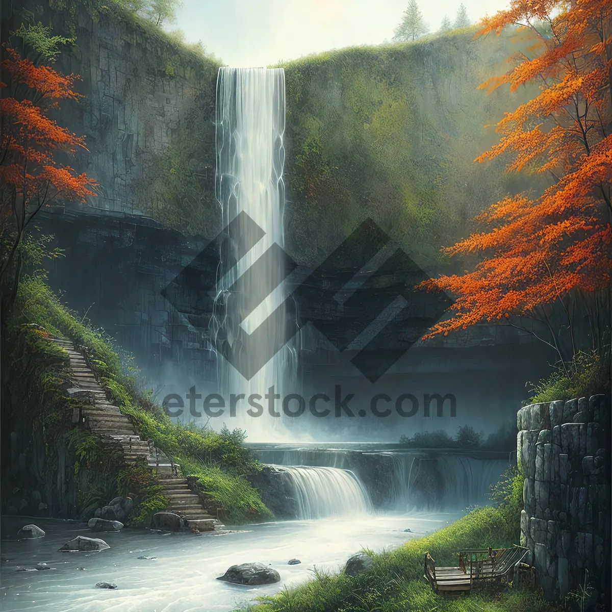 Picture of Serene Mountain Cascade in Enchanting Forest Setting