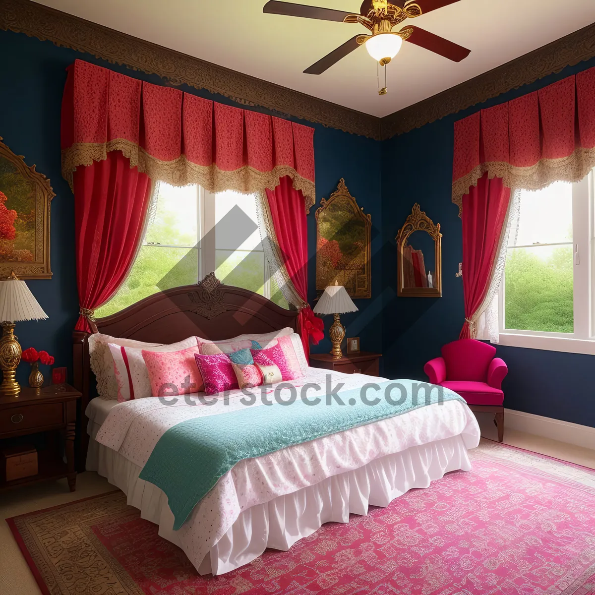 Picture of Cozy Bedroom Retreat with Four-Poster Bed and Modern Furniture
