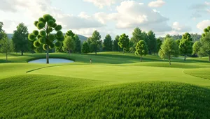 Golfer playing on scenic golf course fairway.