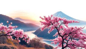 Japanese mountain with pink flowers under clear sky.