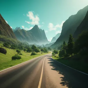 Alpine Roadway Serenity: Majestic Mountain Landscape with Azure Sky