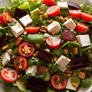 Fresh and healthy vegetable salad with tomatoes and cucumbers.