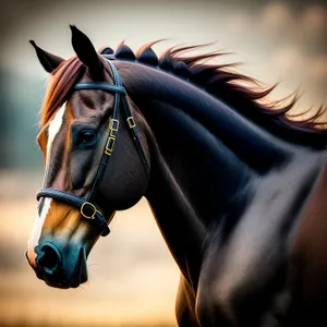 Beautiful Chestnut Stallion in Bridle and Headgear