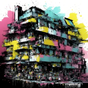 Colorful Urban Puzzle: Modern, Vibrant Cityscape with Geometric Squares