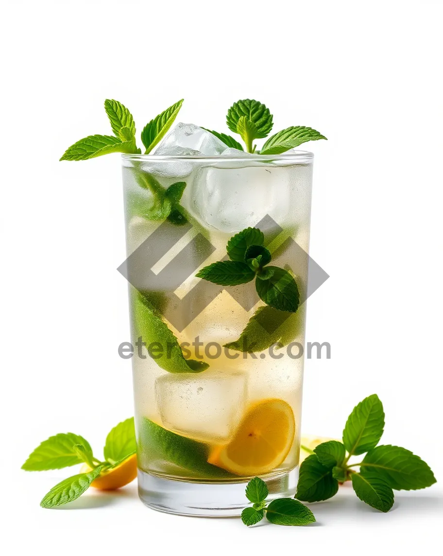 Picture of Fresh herbal tea in glass with plant leaf.