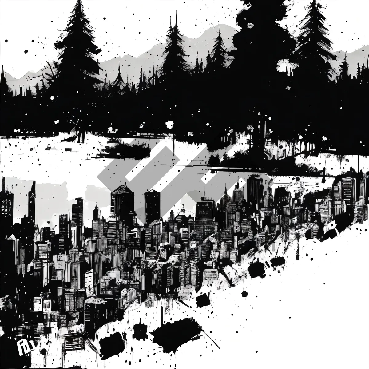 Picture of Winter Wonderland: Snow-covered Forest in Grunge Halftone