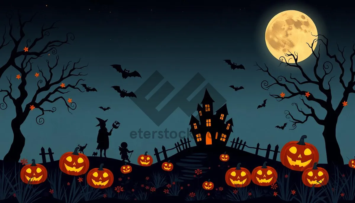 Picture of Spooky cemetery with silhouette of tree and bat.