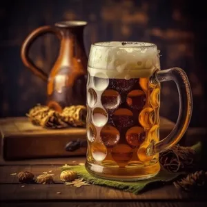 Yellow tea cup on bar with drink.