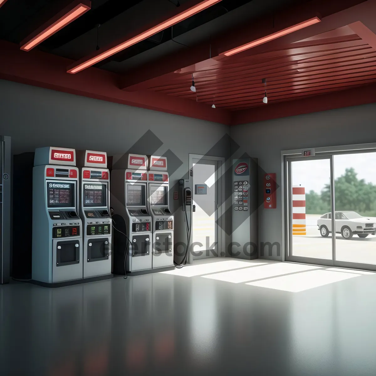 Picture of Modern 3D vending machine in a sleek cafeteria