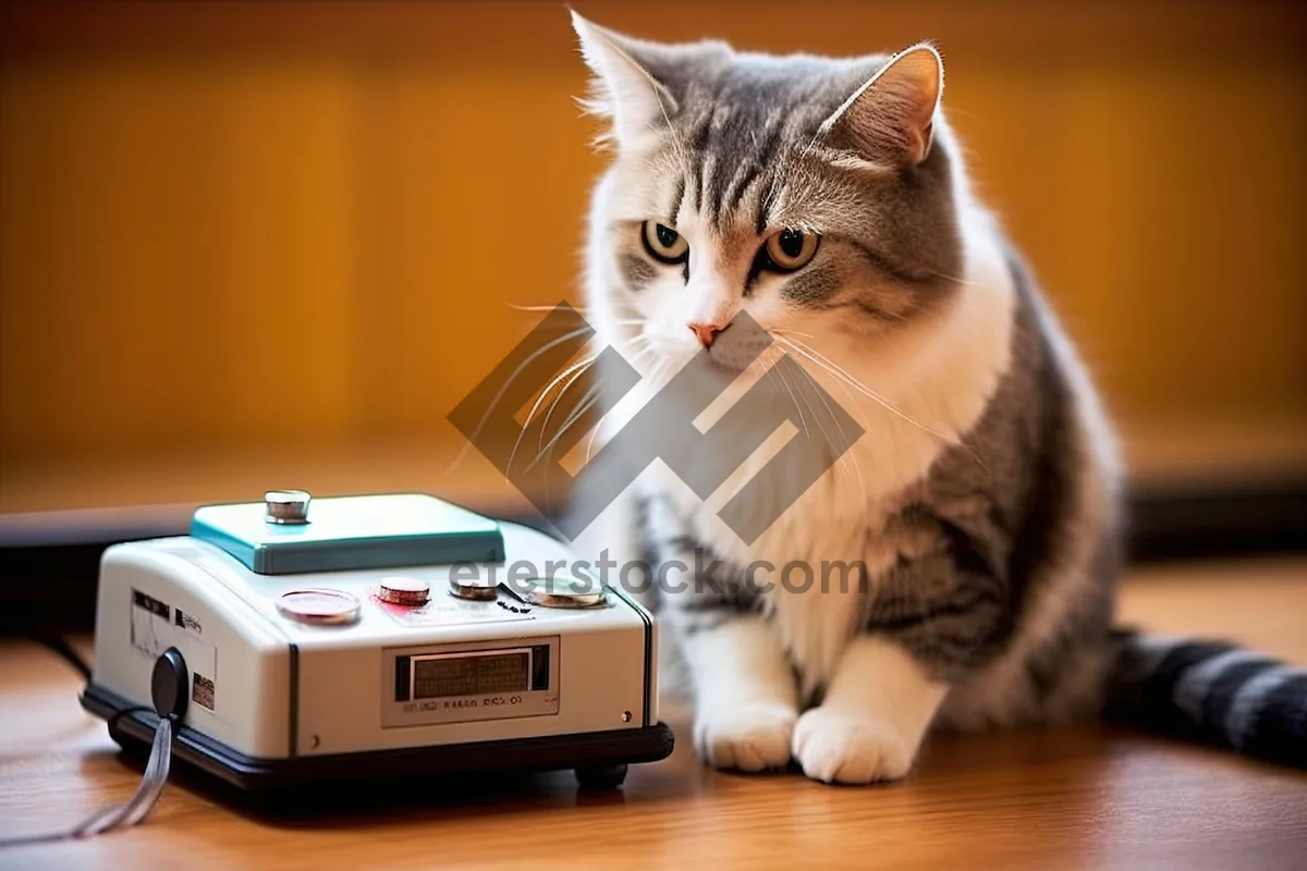 Picture of Curious gray tabby cat sitting near printer