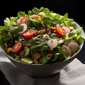 Delicious gourmet vegetable salad with cheese and dressing