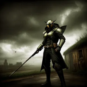 Sword-wielding man on horseback amidst vast sky.