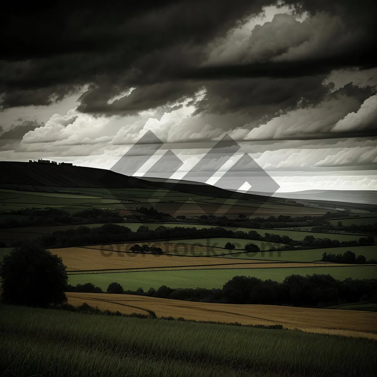 Picture of Vibrant countryside sunset over rolling hills.