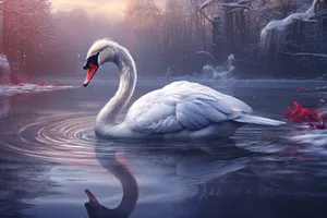 Swan gracefully swimming on calm lake reflecting sky