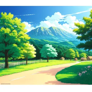 Sunny Rural Landscape with Tree and Rolling Fields