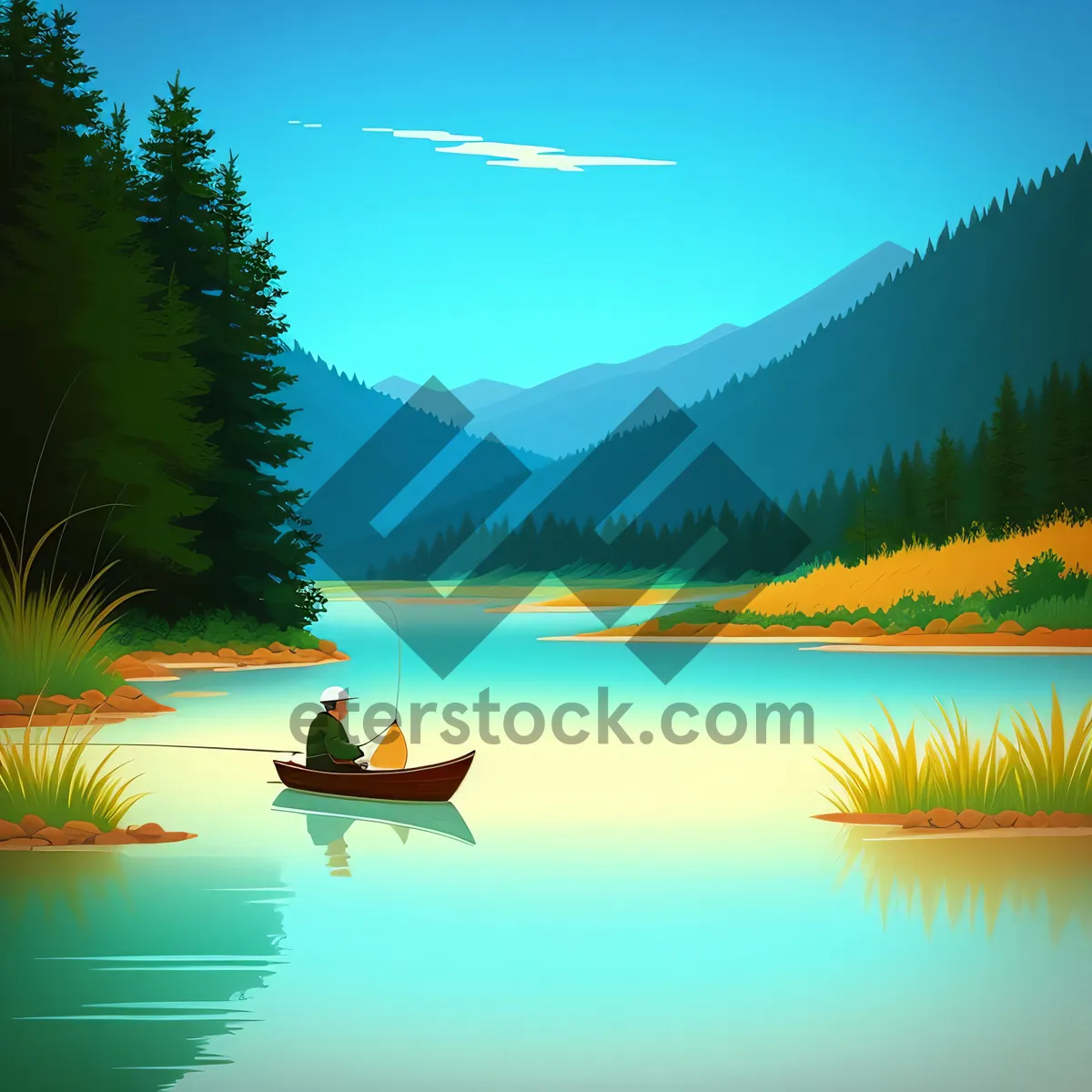 Picture of Serene Lake Reflection with Kayak and Mountains