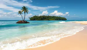 Tropical Paradise: Tranquil beach with palm trees and clear turquoise water.