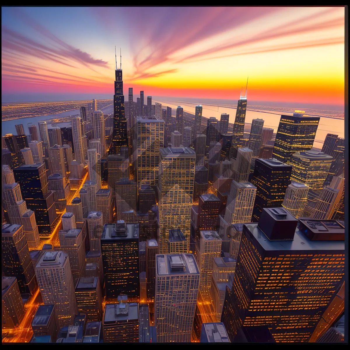 Picture of Metropolis at Dusk: Cityscape Illuminated by Skyline Lights