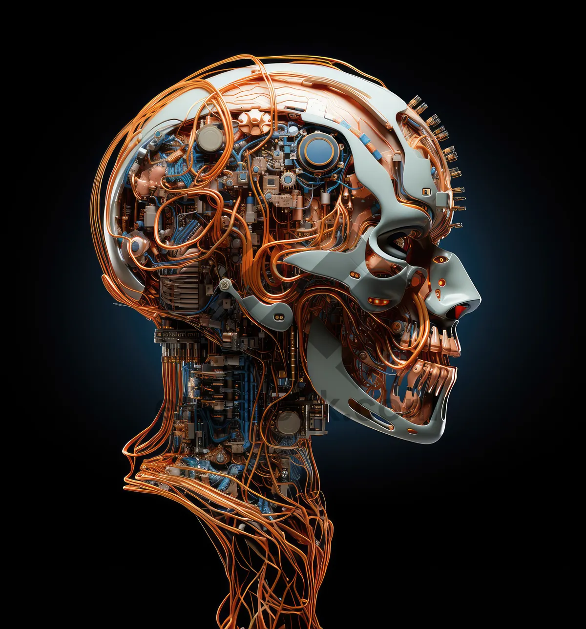 Picture of Science fiction concept of ai. Artificial brain as the most important element of the artificial intelligence system. Electronic chips and memory elements are integrated into the brain structure.