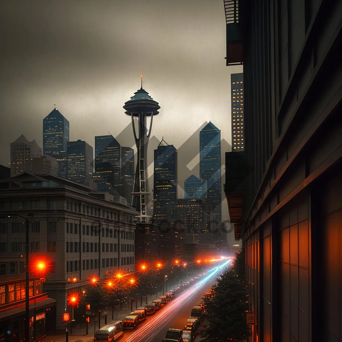 Picture of Nighttime Cityscape: Modern Skyscrapers in Urban Business District.