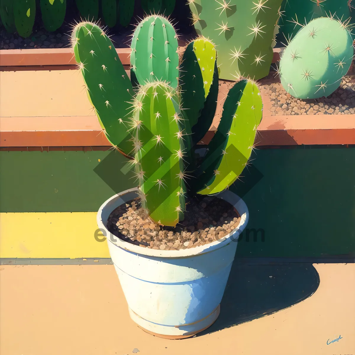 Picture of Thorny Cactus Blossoming in Botanical Pot