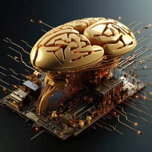 Sci-fi concept. The central computer processor in the form of an artificial brain microchip as the main element of the artificial intelligence system is installed on the motherboard of the supercomputer