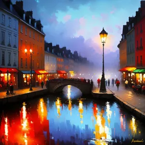 Enchanting Nighttime Skyline Illuminated by Water and Bridge