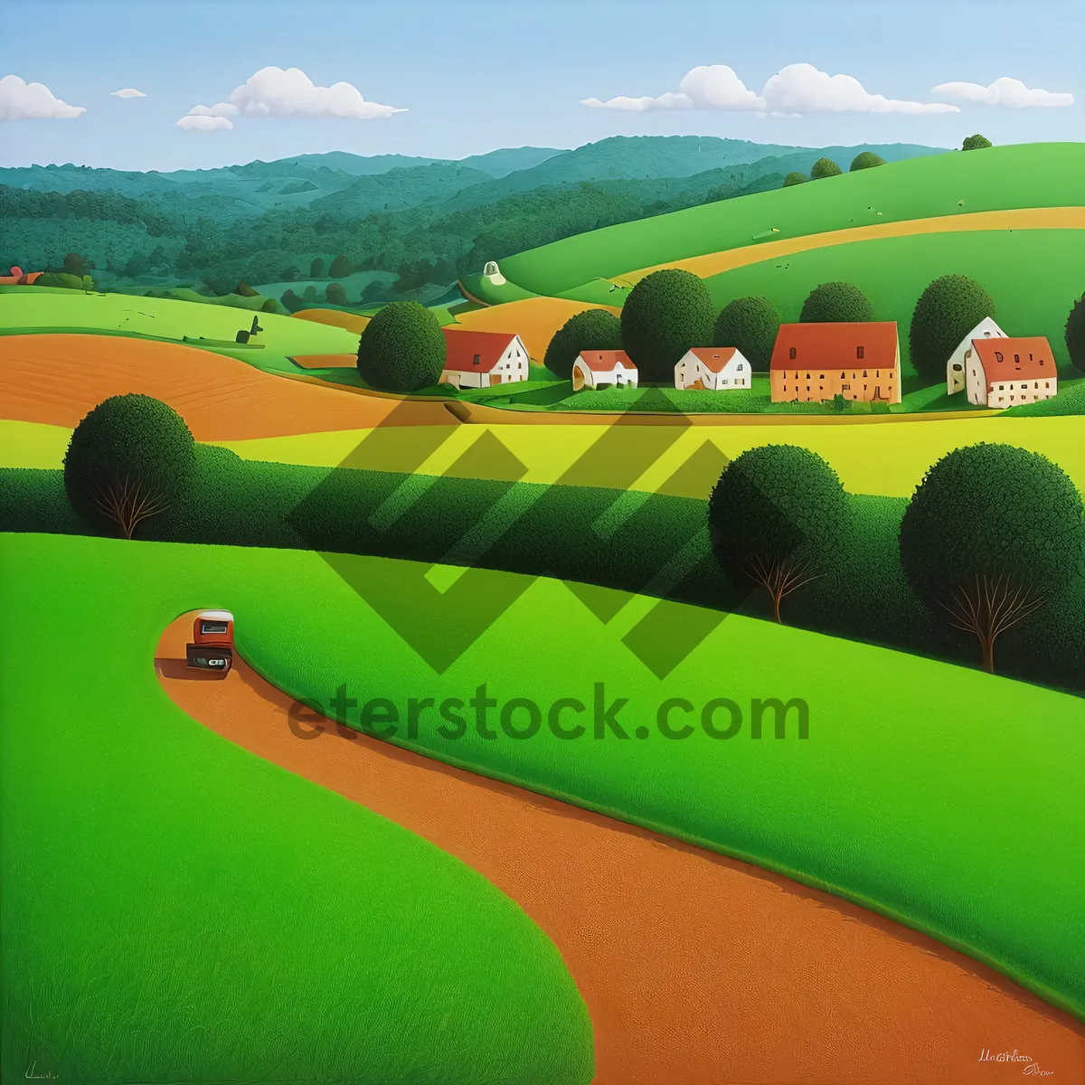 Picture of Summer sky, meadow, and balloon over rural landscape