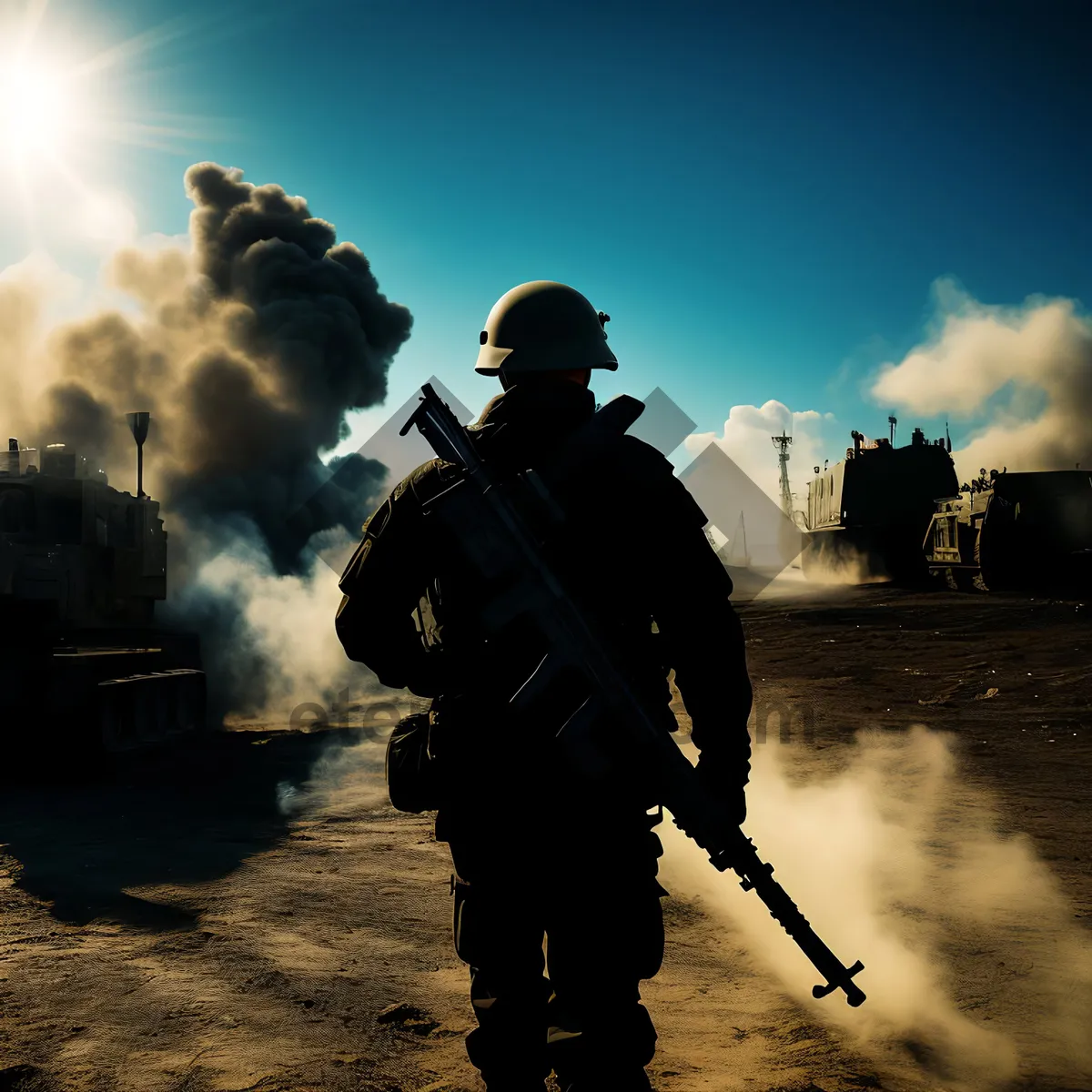 Picture of Silhouetted man holding chemical weapon at sunset.