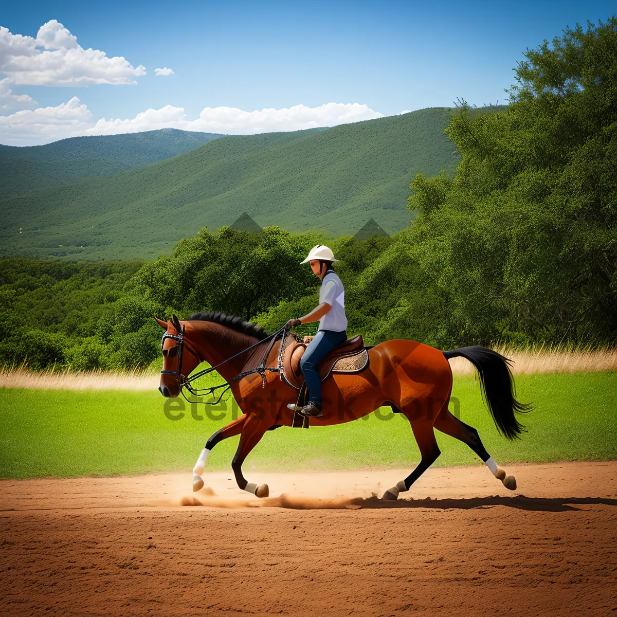 Picture of Thoroughbred stallion galloping through rural horse ranch