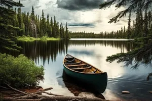 Serene lake with kayak on calm water