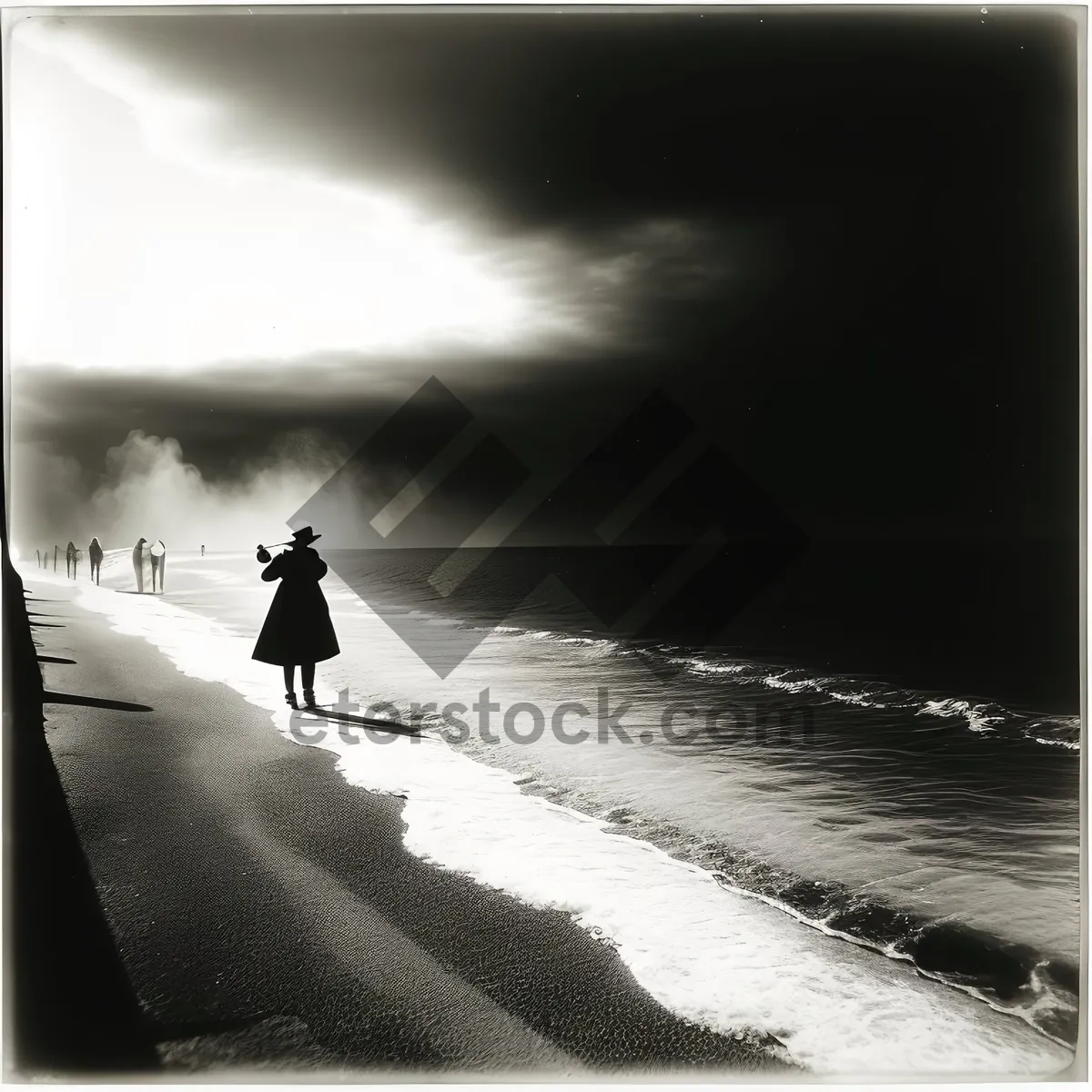 Picture of Serenity: Silhouette Man, Sunlit Sky, Beach Horizon