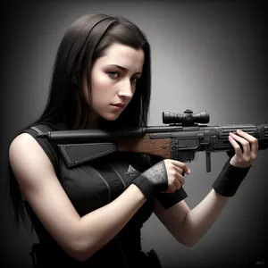 Stylish brunette model posing with attractive machine gun