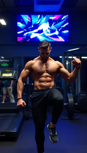 Attractive male athlete posing in fitness studio portrait.