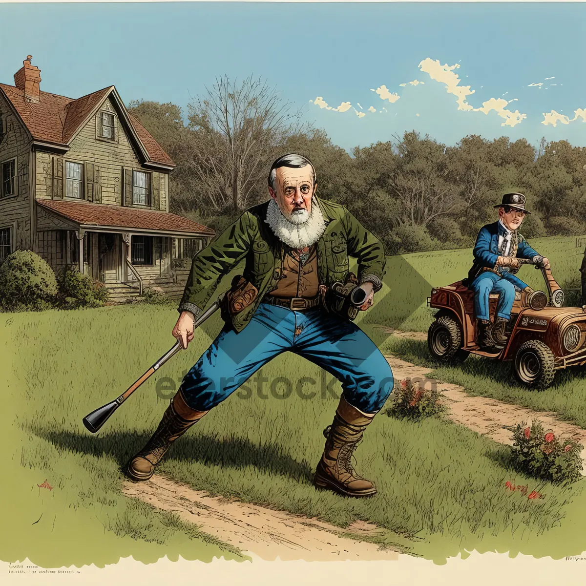 Picture of Active Man Mowing Lawn with Garden Tool