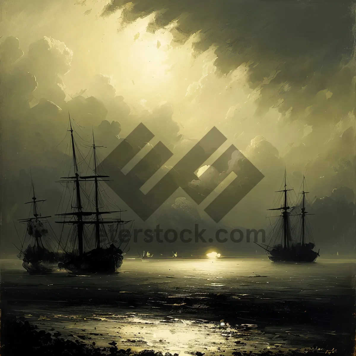 Picture of Sunset Harbor: Vintage Pirate Ship at Sea
