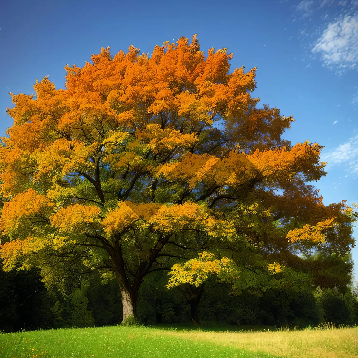 Picture of Autumn Splendor: Vibrant Leaves, Golden Fields, Majestic Trees