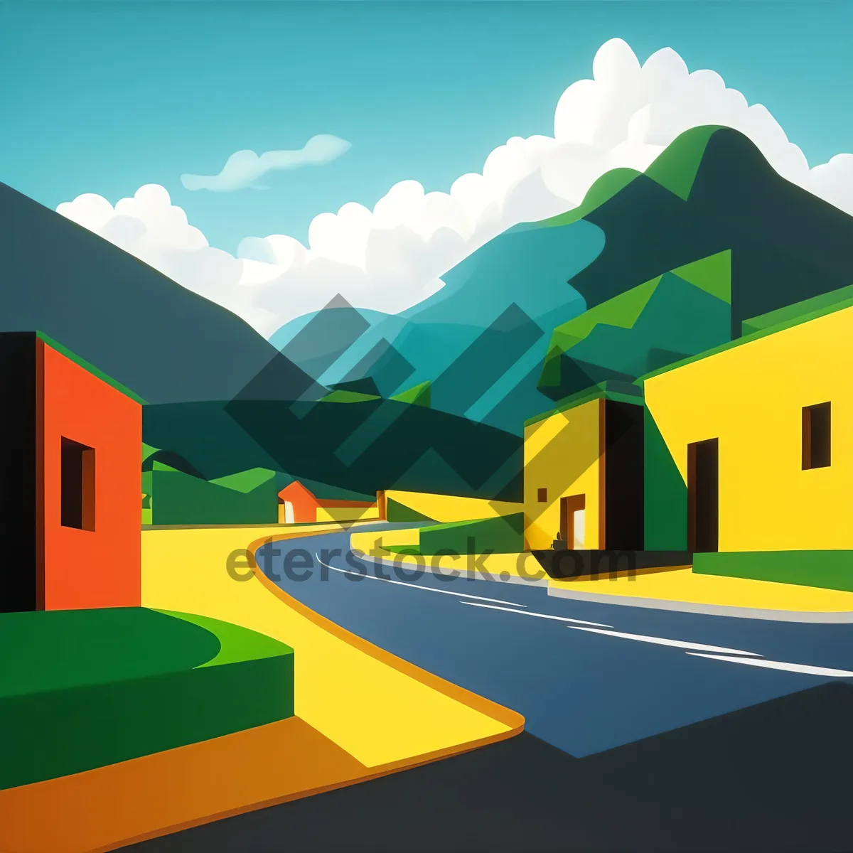 Picture of Country villa with flag and chimney design symbol.