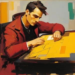 Happy businessman working at office desk with laptop